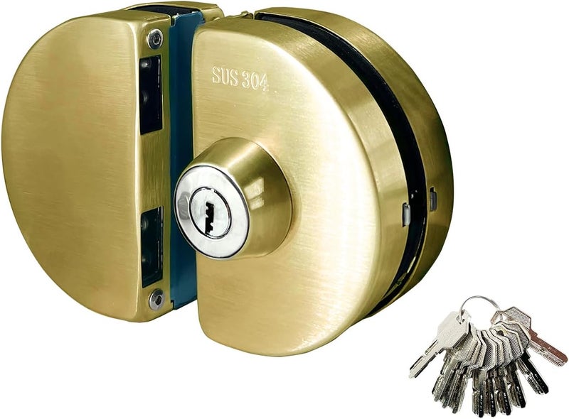 KS Hardware Stainless Steel 304 Grade Anti-Theft Security Double or Single Glass Door Lock with Keys Suitable for 10mm-12mm Glass Thickness - No Drill Holes Needed (Satin Gold) - Image 1